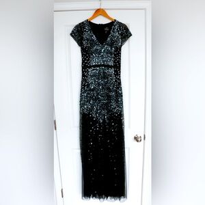 Adrianna Papell Gunmetal Beaded Fit and Flare Gown with Cap Sleeve